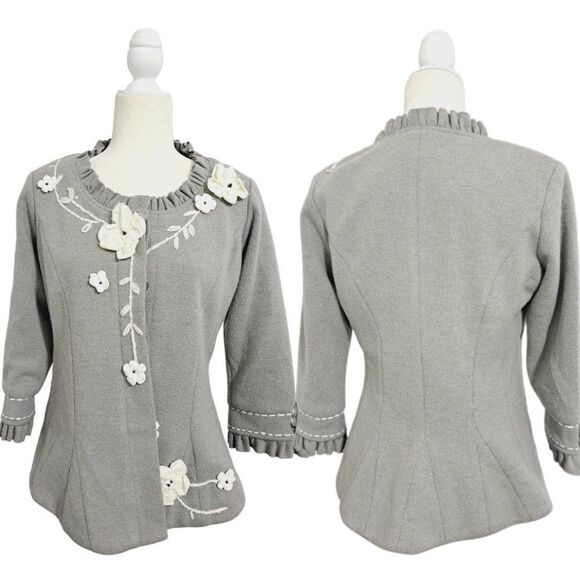 Nick & Mo Anthropologie Women's Grey 3/4 Sleeve Wool Blend Jacket Floral Patch M - Picture 6 of 7